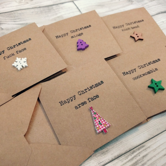 Pack of 5 handmade sweary Christmas cards with wooden buttons