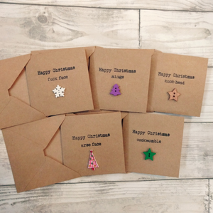 Pack of 5 handmade sweary Christmas cards with wooden buttons