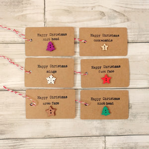 Pack of 6 handmade sweary Christmas tags with wooden buttons