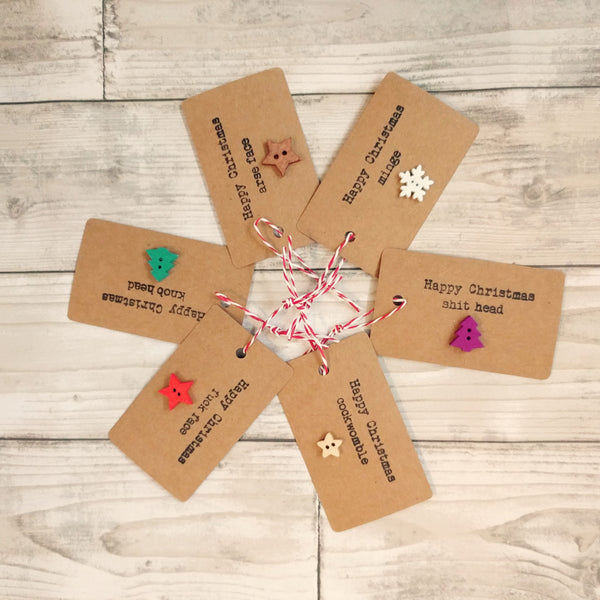 Pack of 6 handmade sweary Christmas tags with wooden buttons