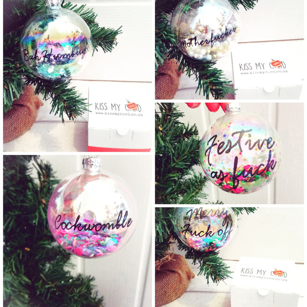 Merry Fuck Off 8cm filled iridescent glass Christmas bauble