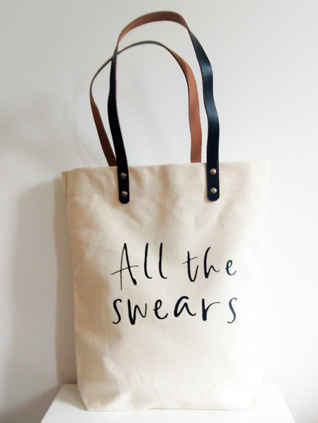 "All the swears" Strong canvas reusable tote bag with leather straps