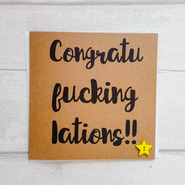 Handmade "Congratufuckinglations!!" card with wooden star button
