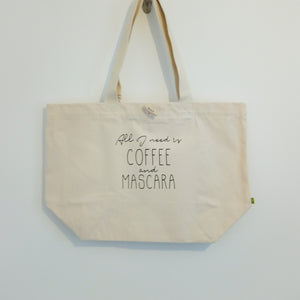 "All I need is coffee and mascara" Strong canvas reusable tote bag with button fastening