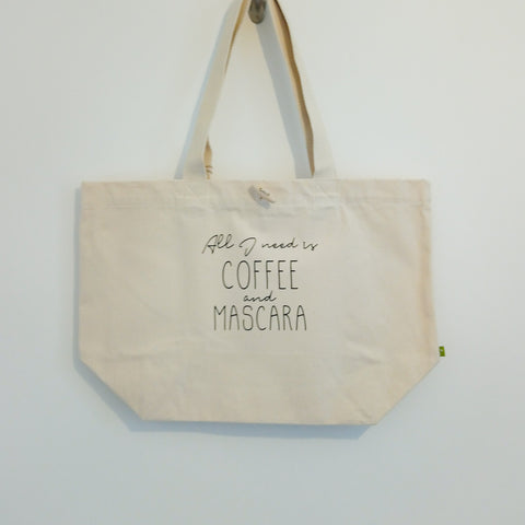 "All I need is coffee and mascara" Strong canvas reusable tote bag with button fastening