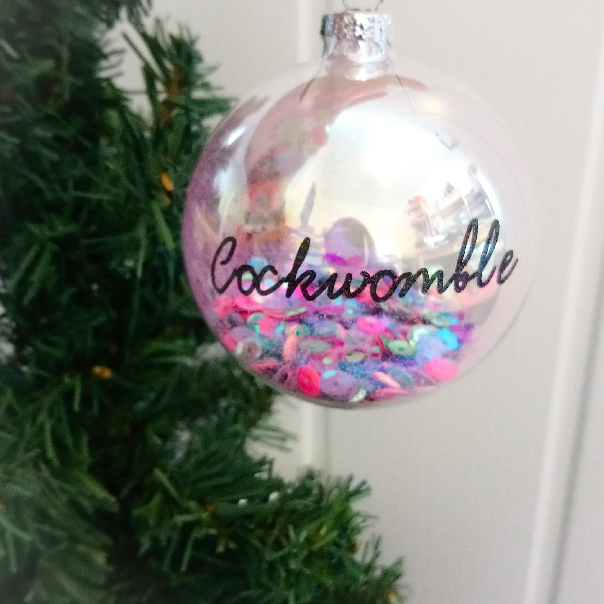 Cockwomble 8cm filled iridescent glass Christmas bauble