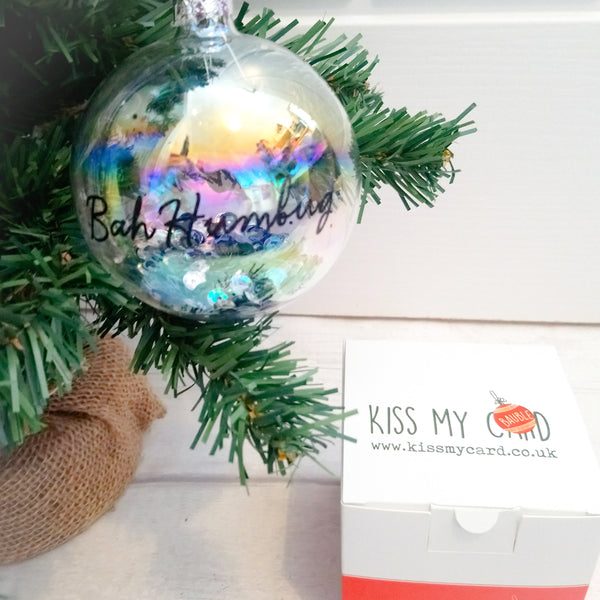 Bah Humbug 8cm filled iridescent glass Christmas bauble