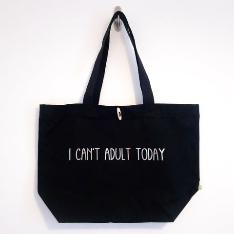 "I can't adult today" Strong black canvas reusable tote bag with button fastening