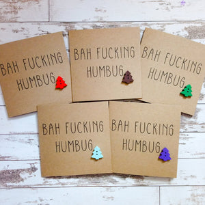 Pack of 5 handmade Bah fucking Humbug Christmas cards with wooden buttons