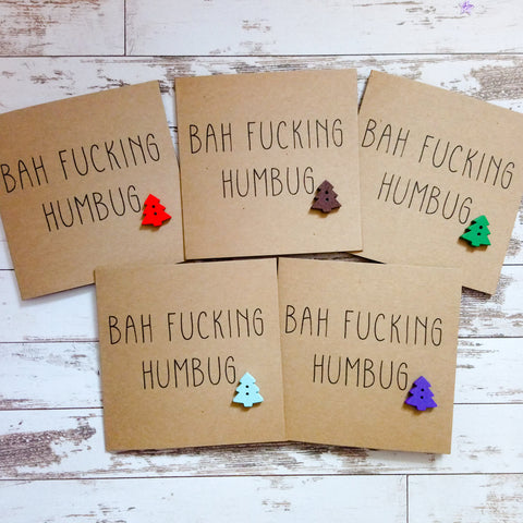 Pack of 5 handmade Bah fucking Humbug Christmas cards with wooden buttons