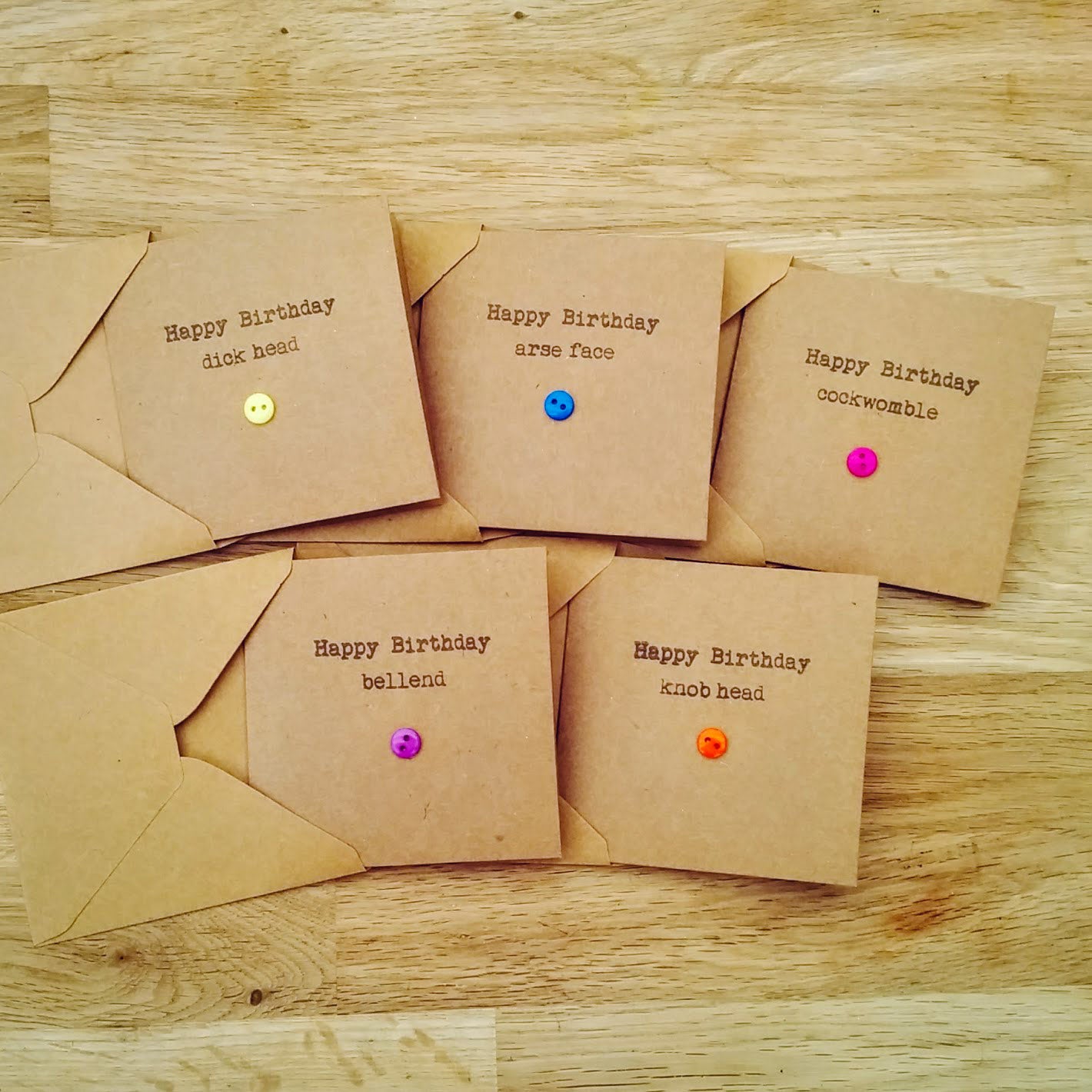 Pack of 5 handmade sweary birthday cards with buttons