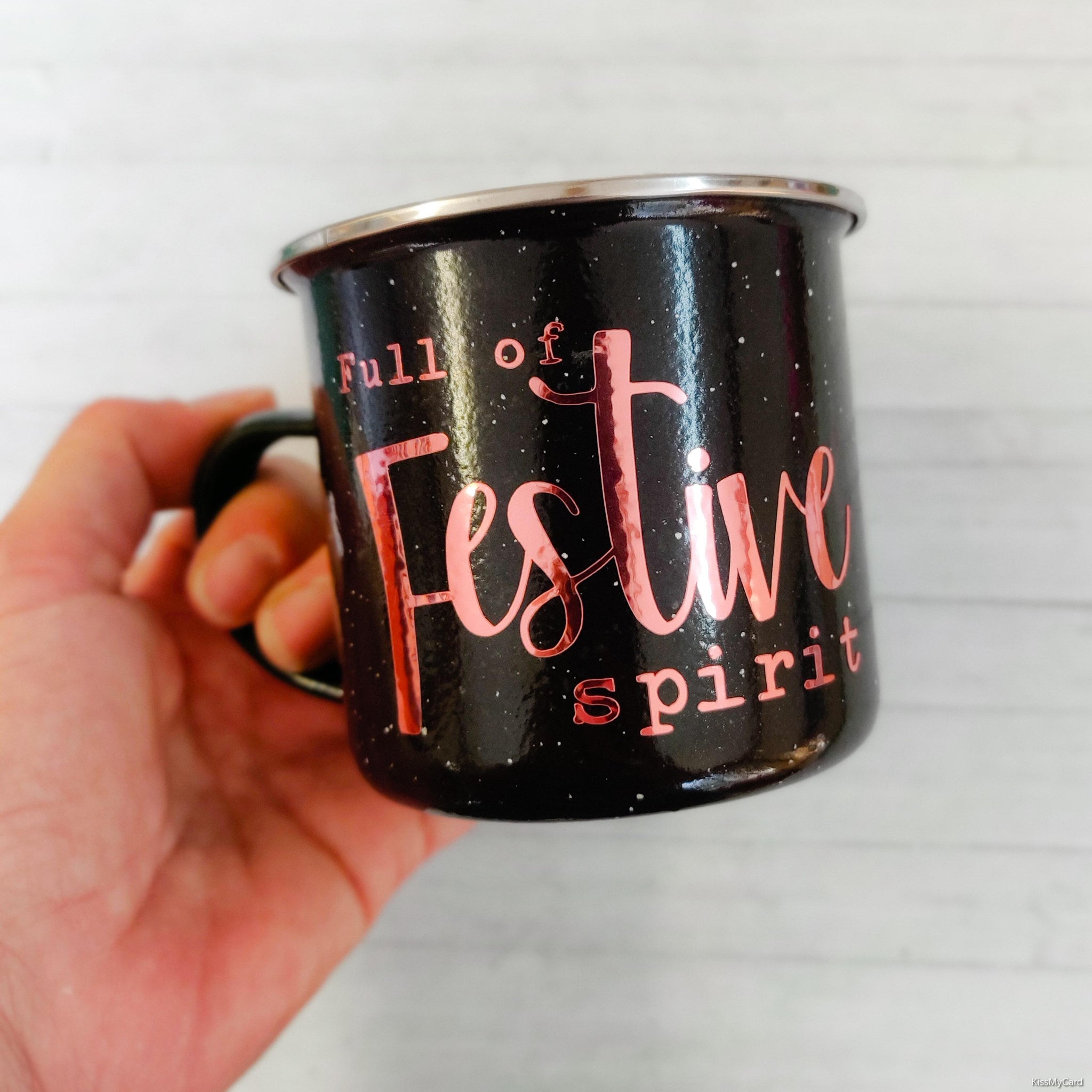 "Full of Festive Spirit" Black Enamel Mug