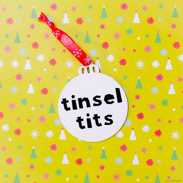 Bold "Tinsel Tits" wooden Christmas bauble