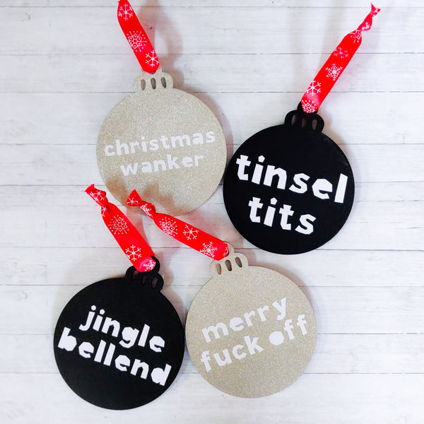 Bold "Tinsel Tits" wooden Christmas bauble