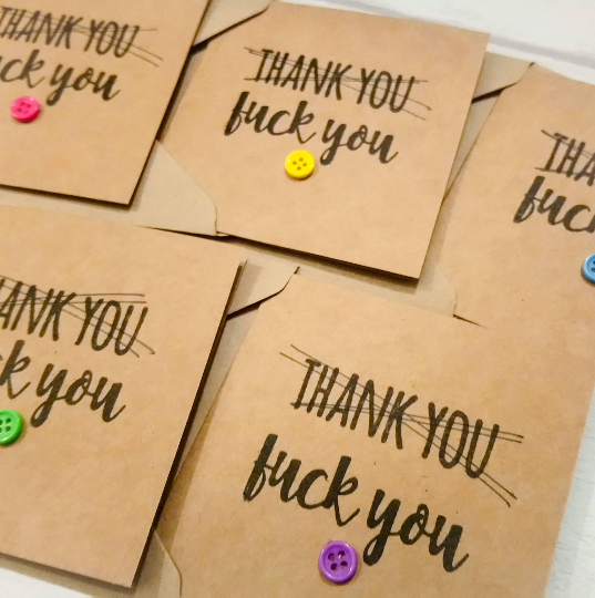 Pack of 5 handmade funny rude "fuck you" Thank You cards